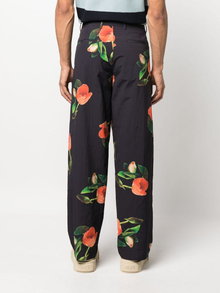 Black Straight-leg Floral Print Trousers