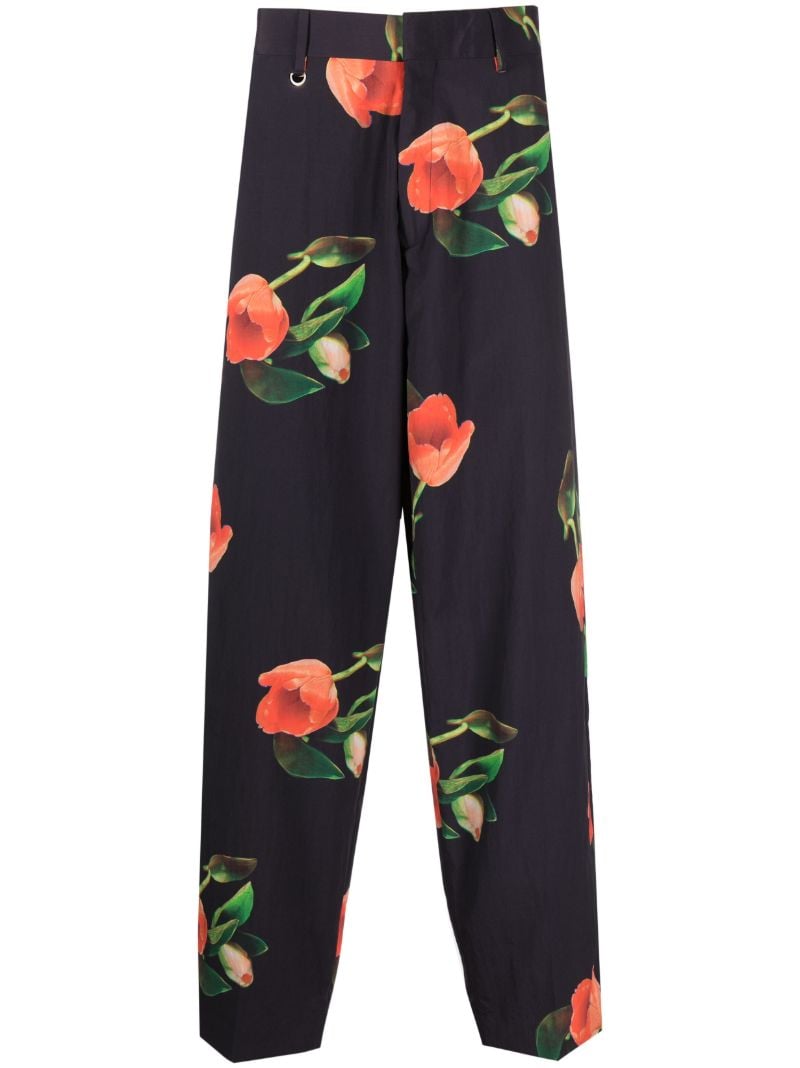 Black Straight-leg Floral Print Trousers