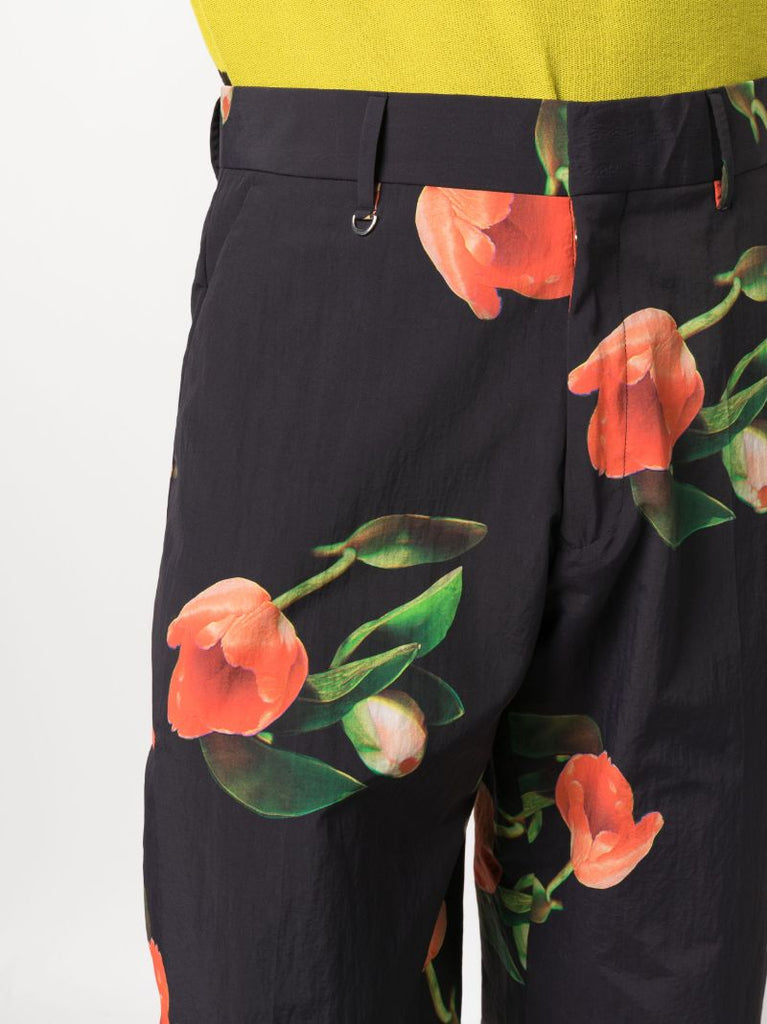 Black Straight-leg Floral Print Trousers
