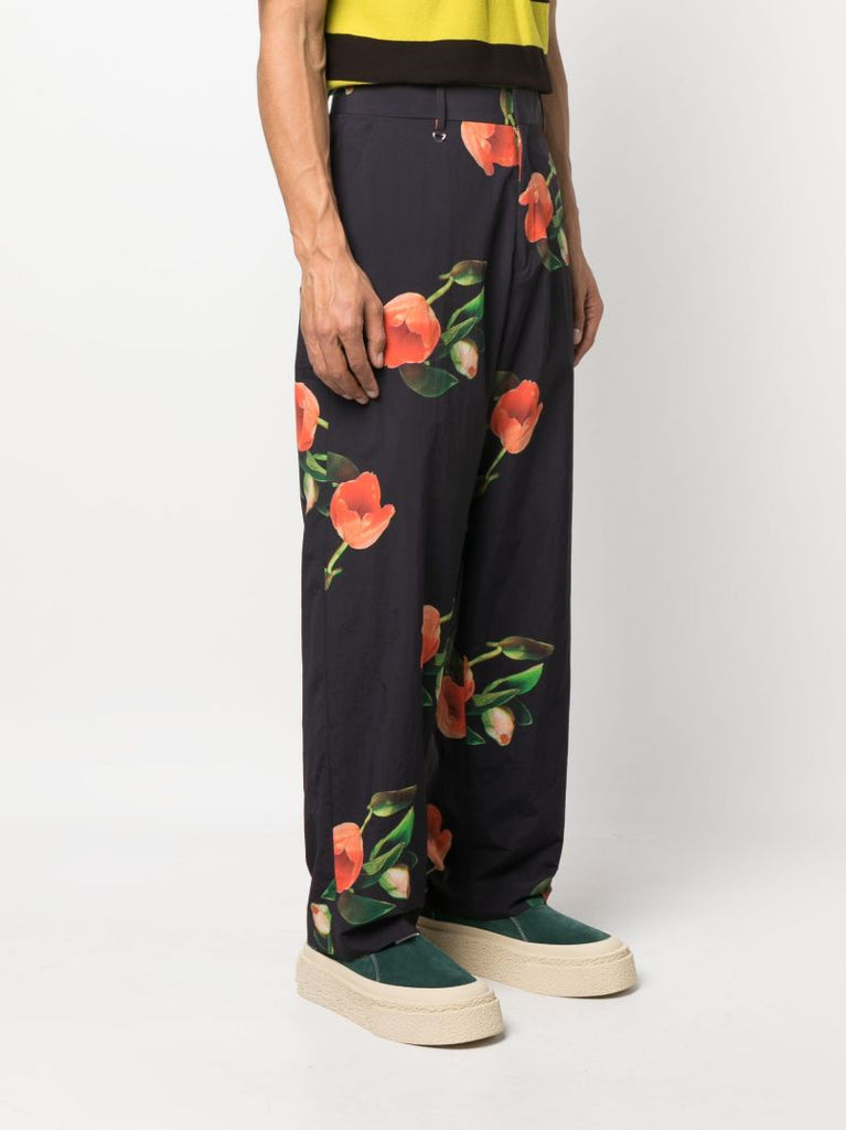 Black Straight-leg Floral Print Trousers