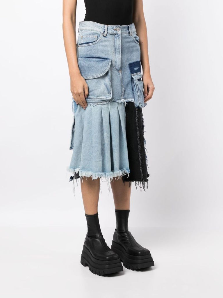 Blue Patchwork Asymmetric Denim Midi Skirt