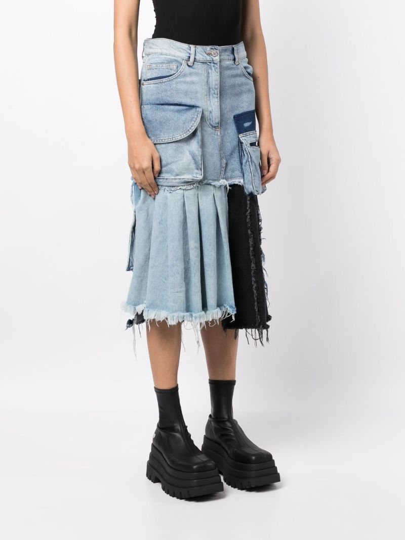 Blue Patchwork Asymmetric Denim Midi Skirt