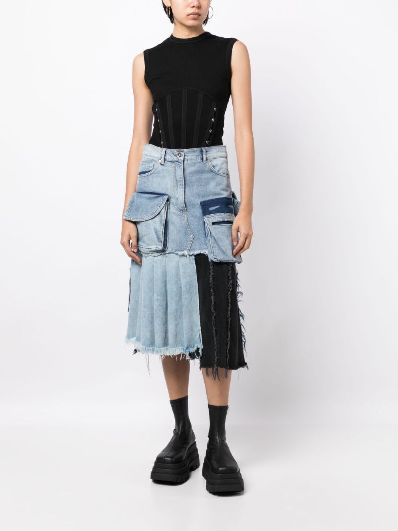 Blue Patchwork Asymmetric Denim Midi Skirt
