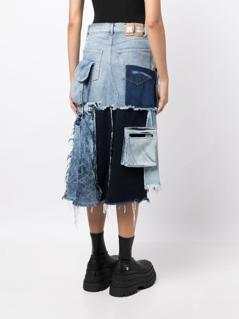 Blue Patchwork Asymmetric Denim Midi Skirt