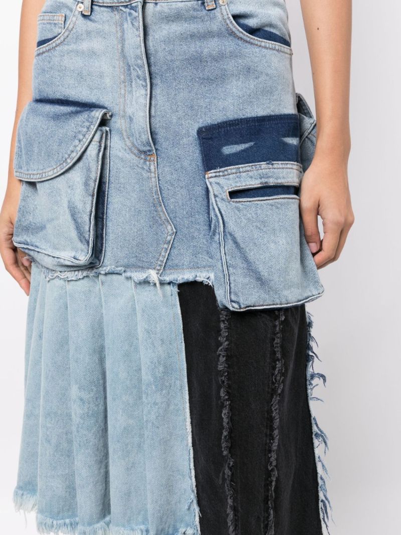 Blue Patchwork Asymmetric Denim Midi Skirt