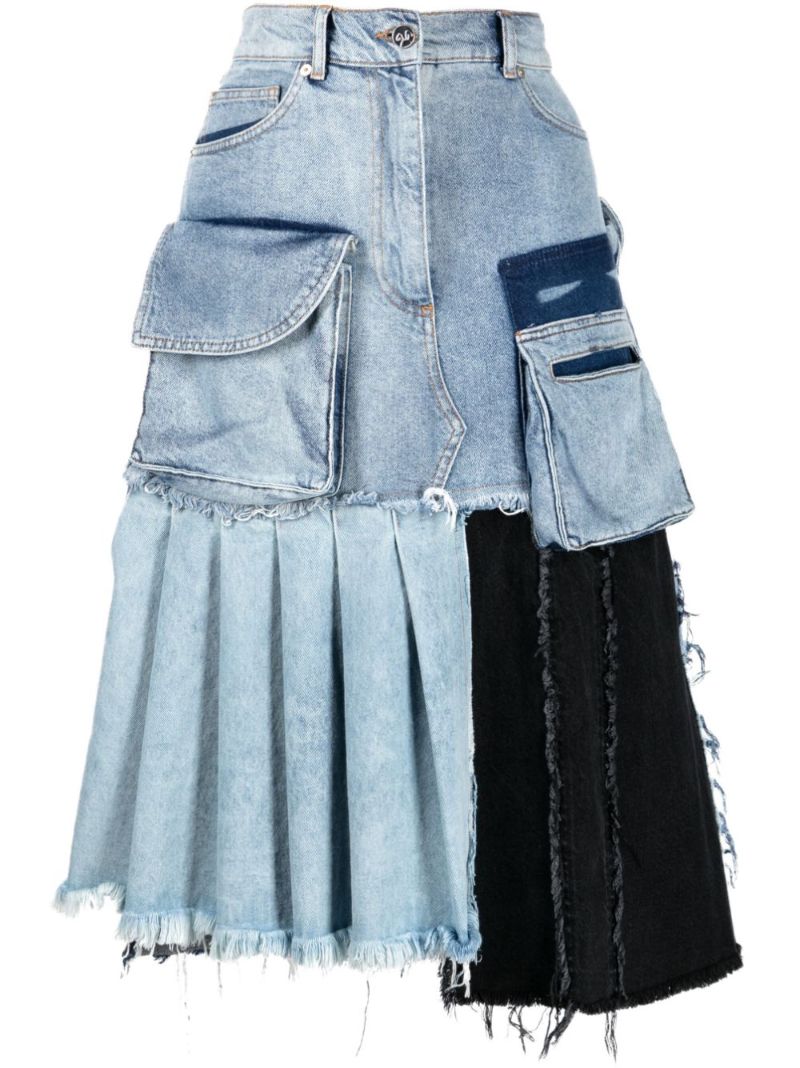 Blue Patchwork Asymmetric Denim Midi Skirt