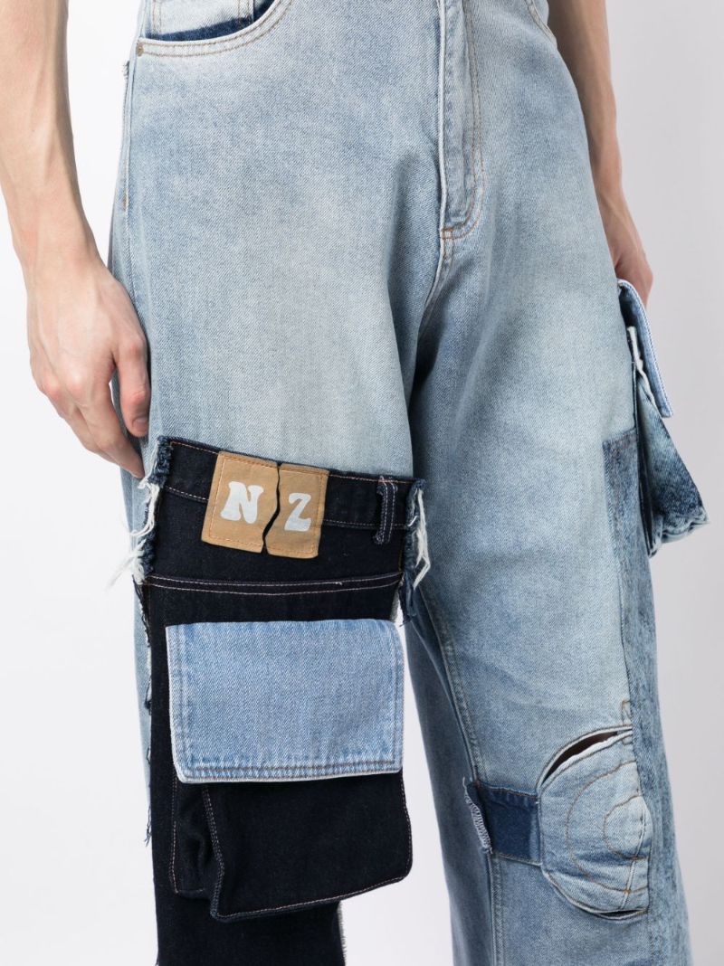Blue Patchwork Cargo Jeans