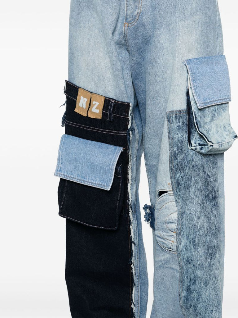 Blue Patchwork Cargo Jeans
