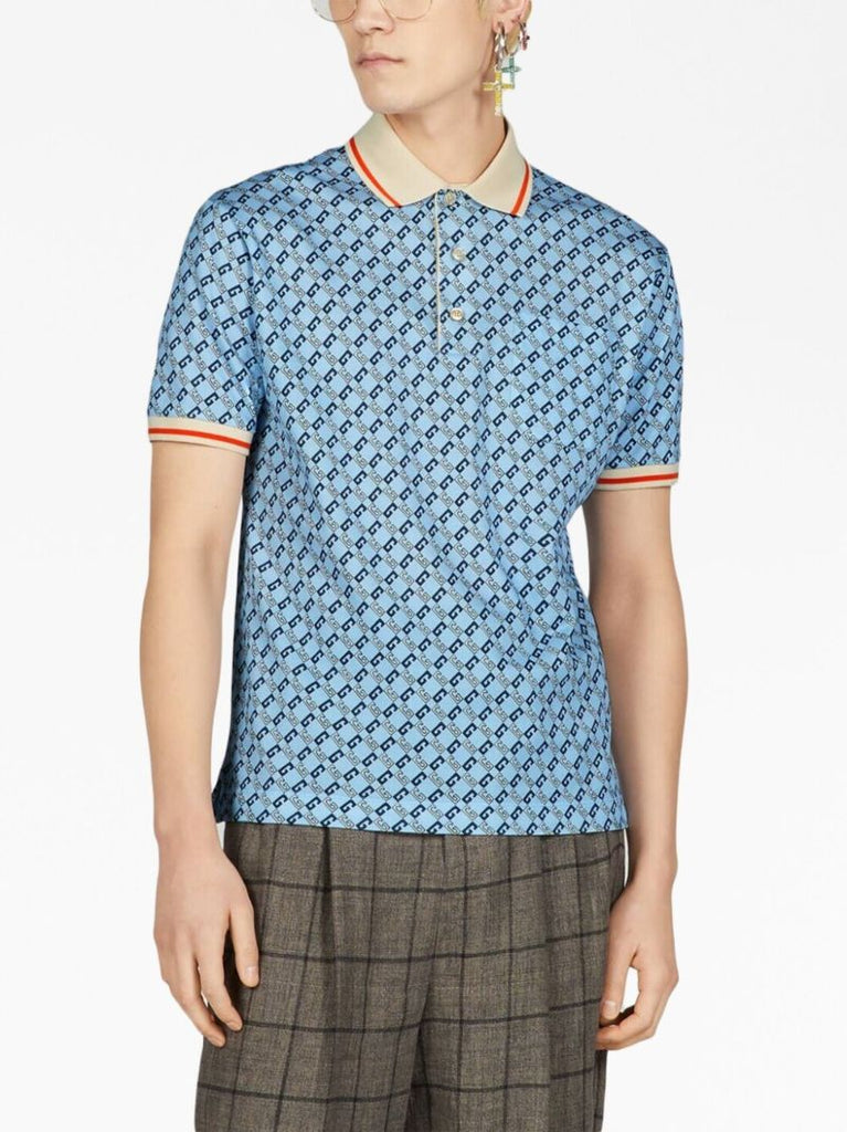 Blue Geometric G Cotton Polo Shirt