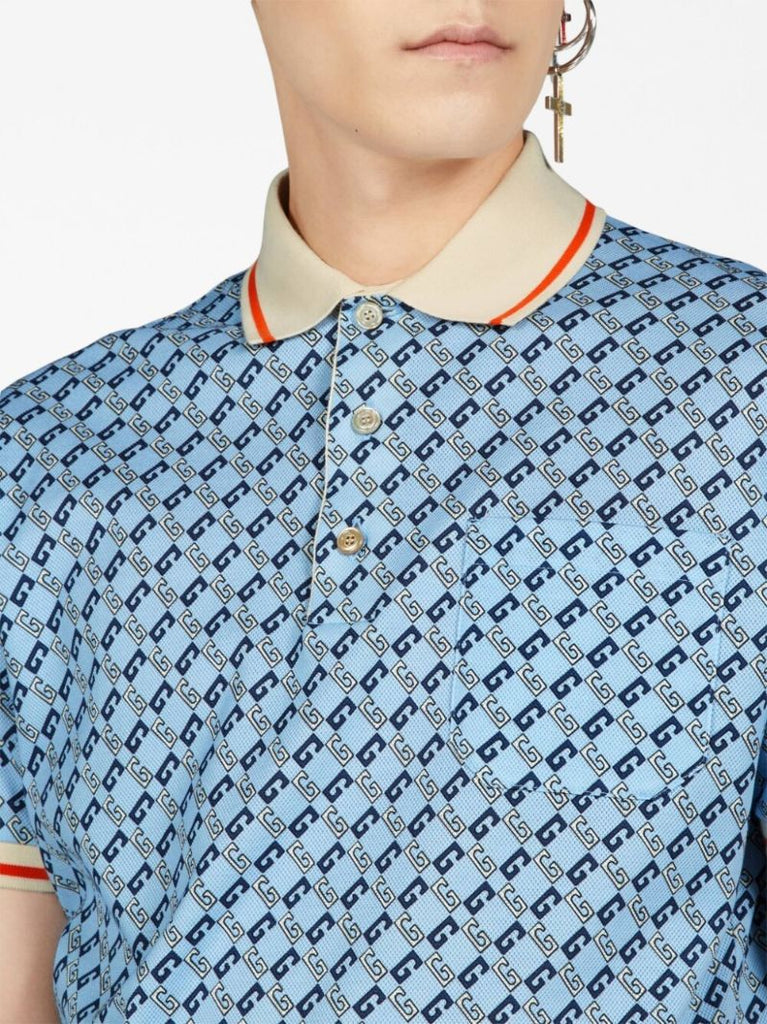 Blue Geometric G Cotton Polo Shirt