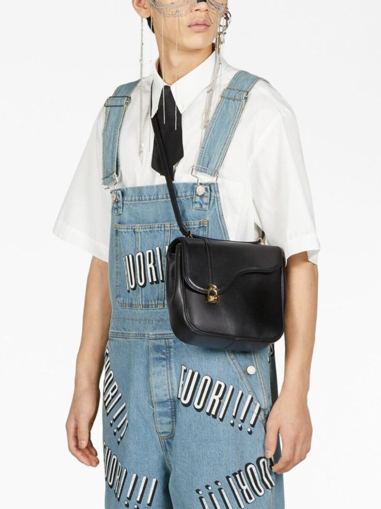 Black Leather Flap Shoulder Bag