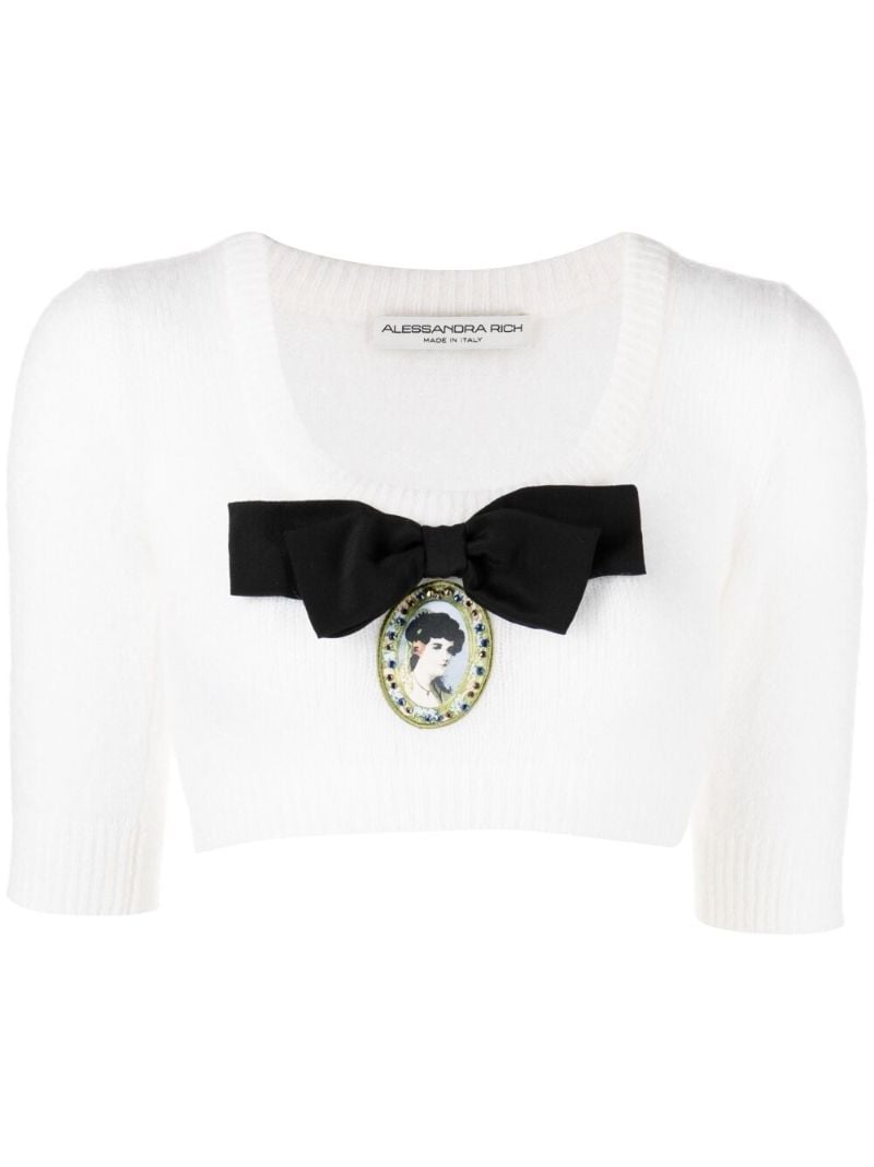 White Bow-embellished Knit Crop Top