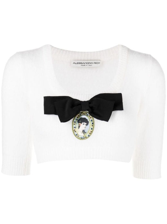 White Bow-embellished Knit Crop Top