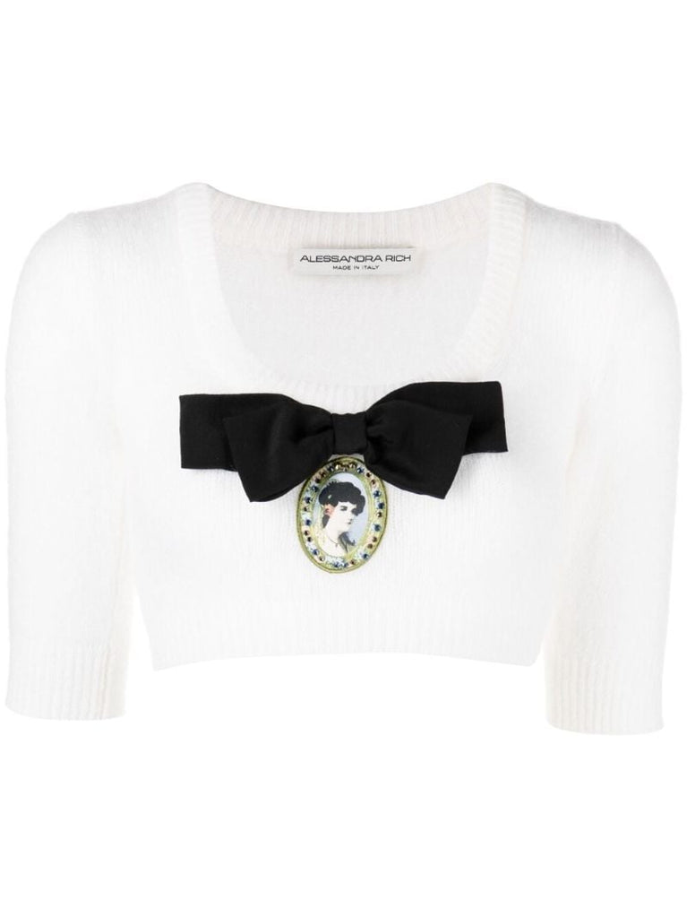 White Bow-embellished Knit Crop Top