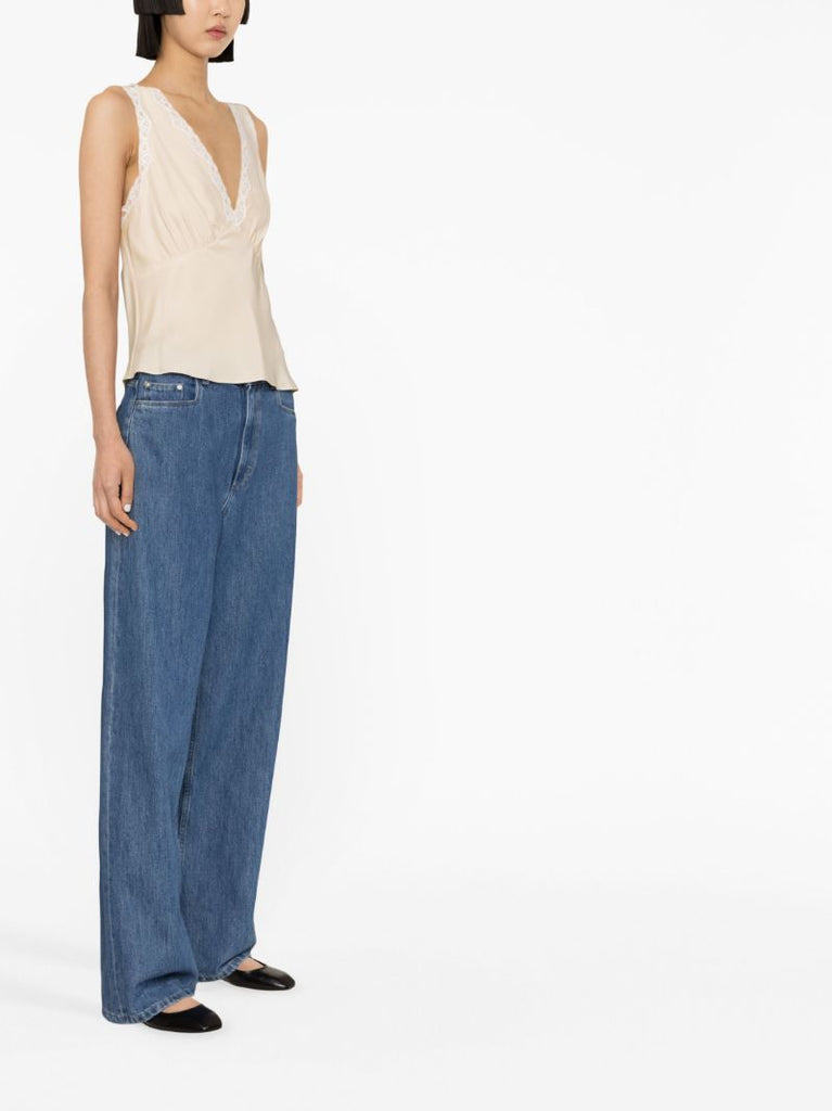 Neutral Valentina Lace-trim Silk Top