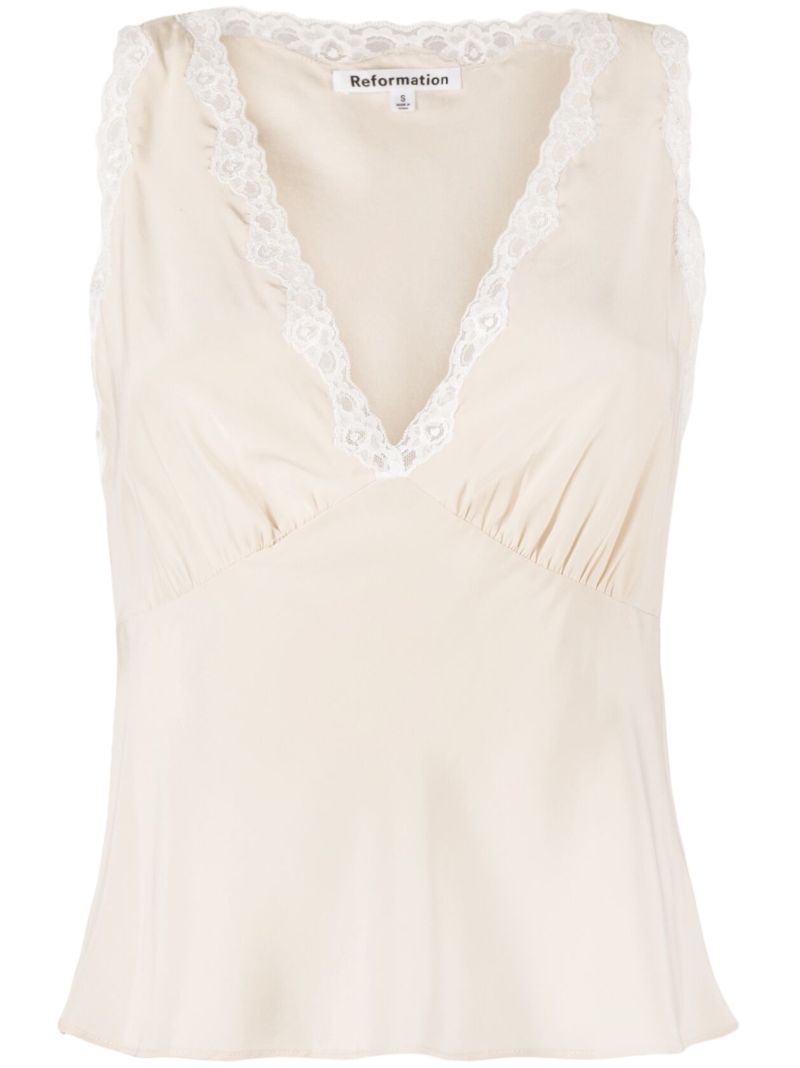 Neutral Valentina Lace-trim Silk Top