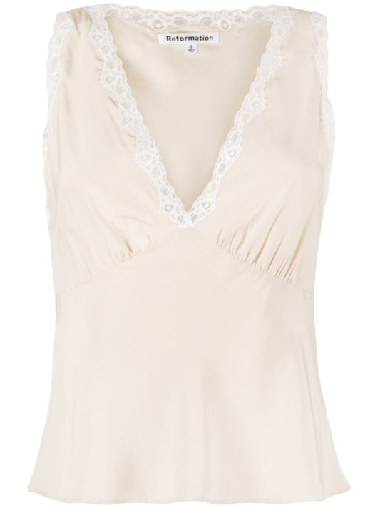 Neutral Valentina Lace-trim Silk Top