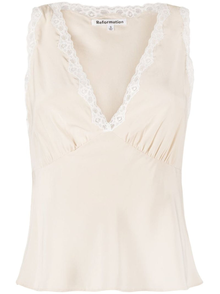 Neutral Valentina Lace-trim Silk Top