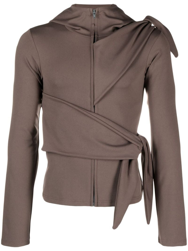 Brown Tie Fastening Zip Up Hoodie