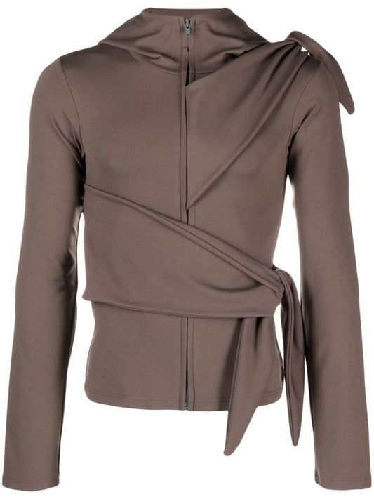 Brown Tie Fastening Zip Up Hoodie