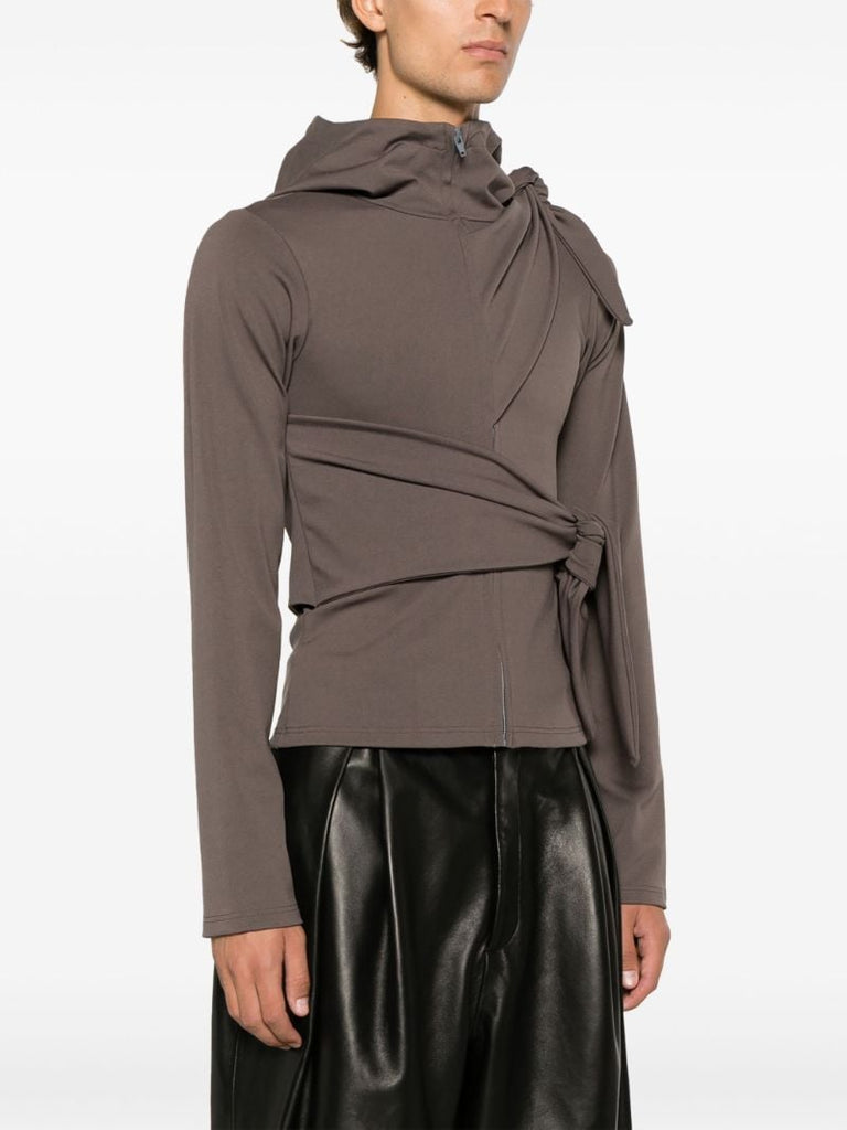 Brown Tie Fastening Zip Up Hoodie