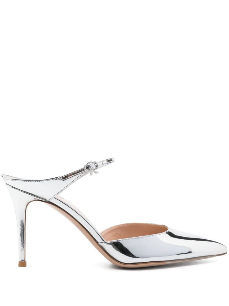 Silver-tone 85 Mirrored Leather Mules