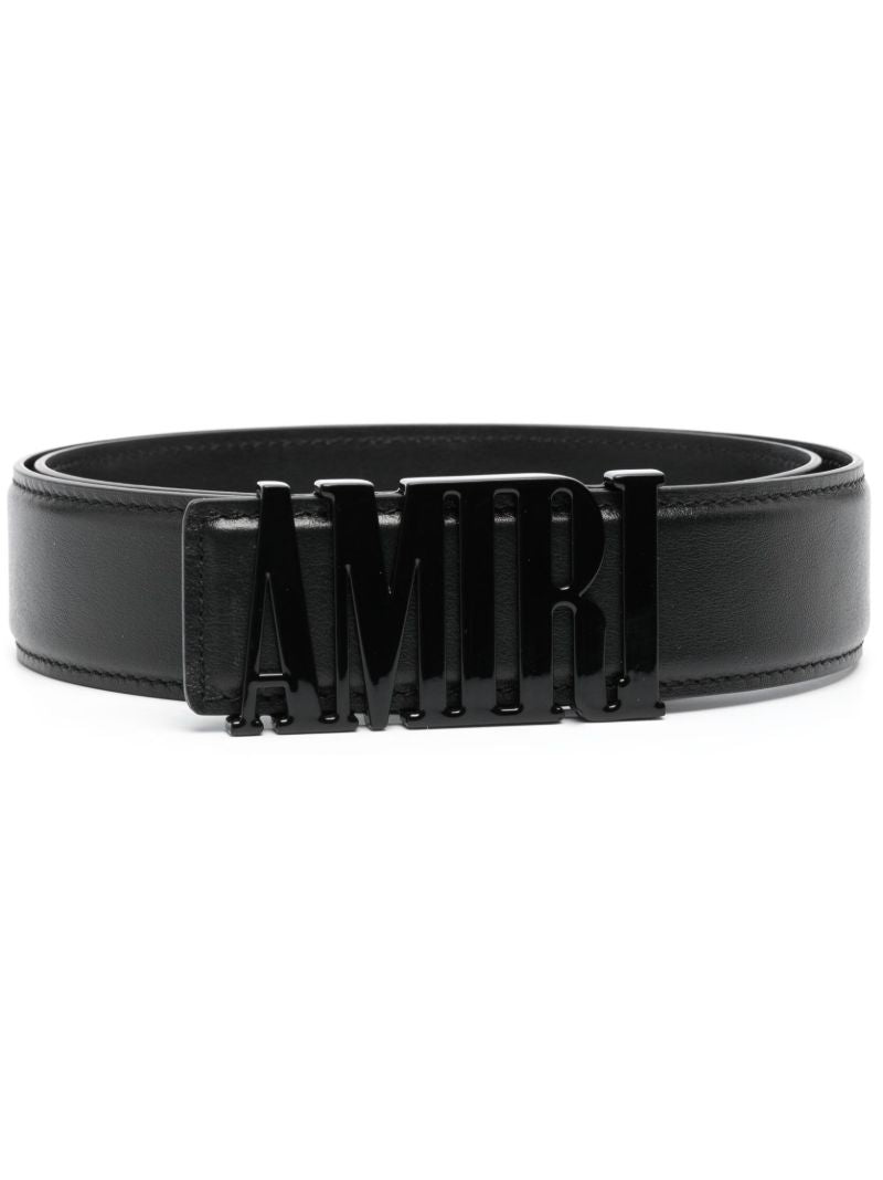 Black Leather Tonal Logo Buckle Belt