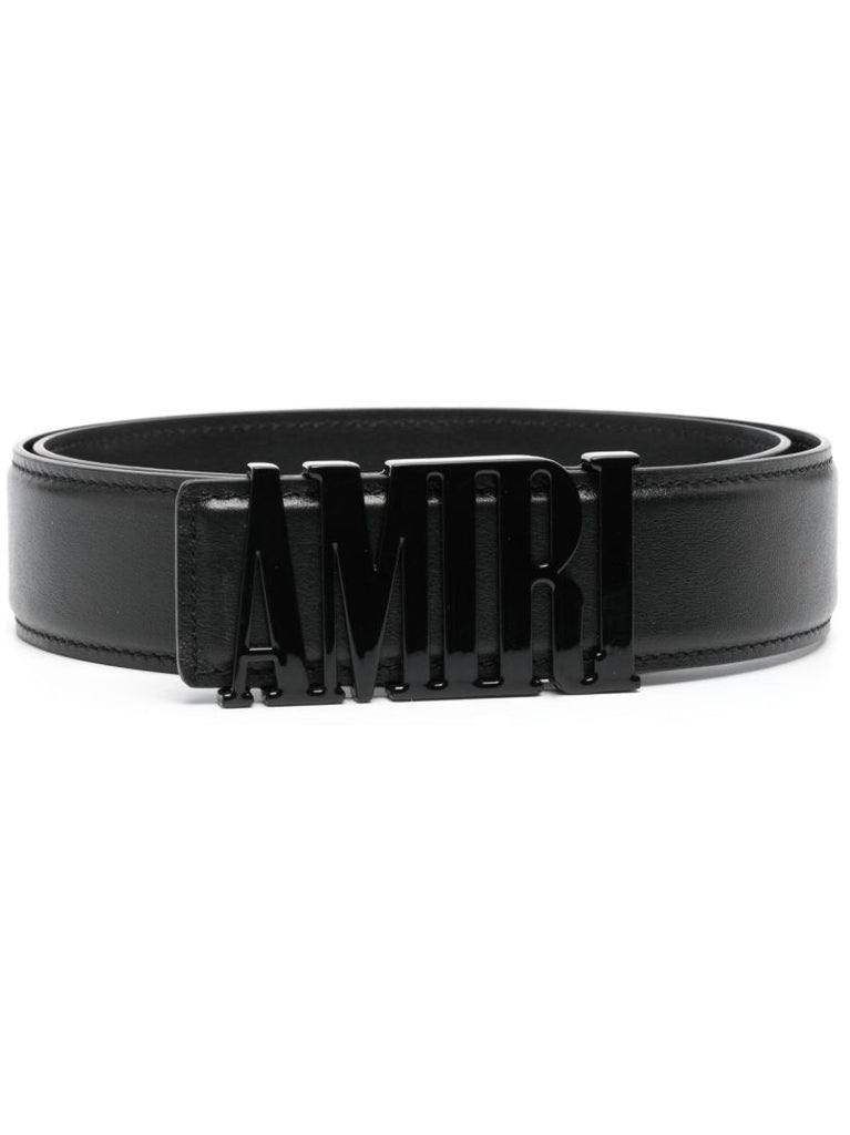 Black Leather Tonal Logo Buckle Belt