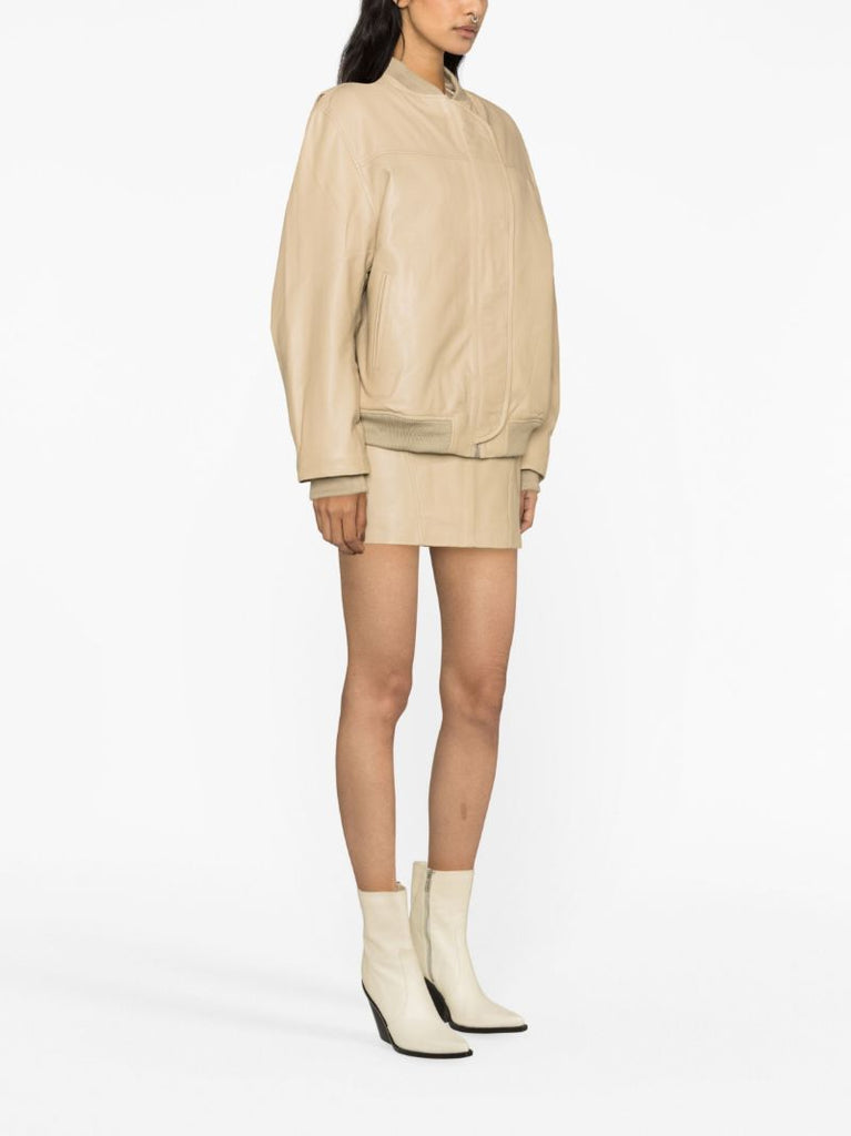 Beige Leather Bomber Jacket