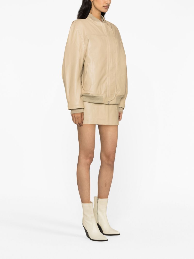 Beige Leather Bomber Jacket