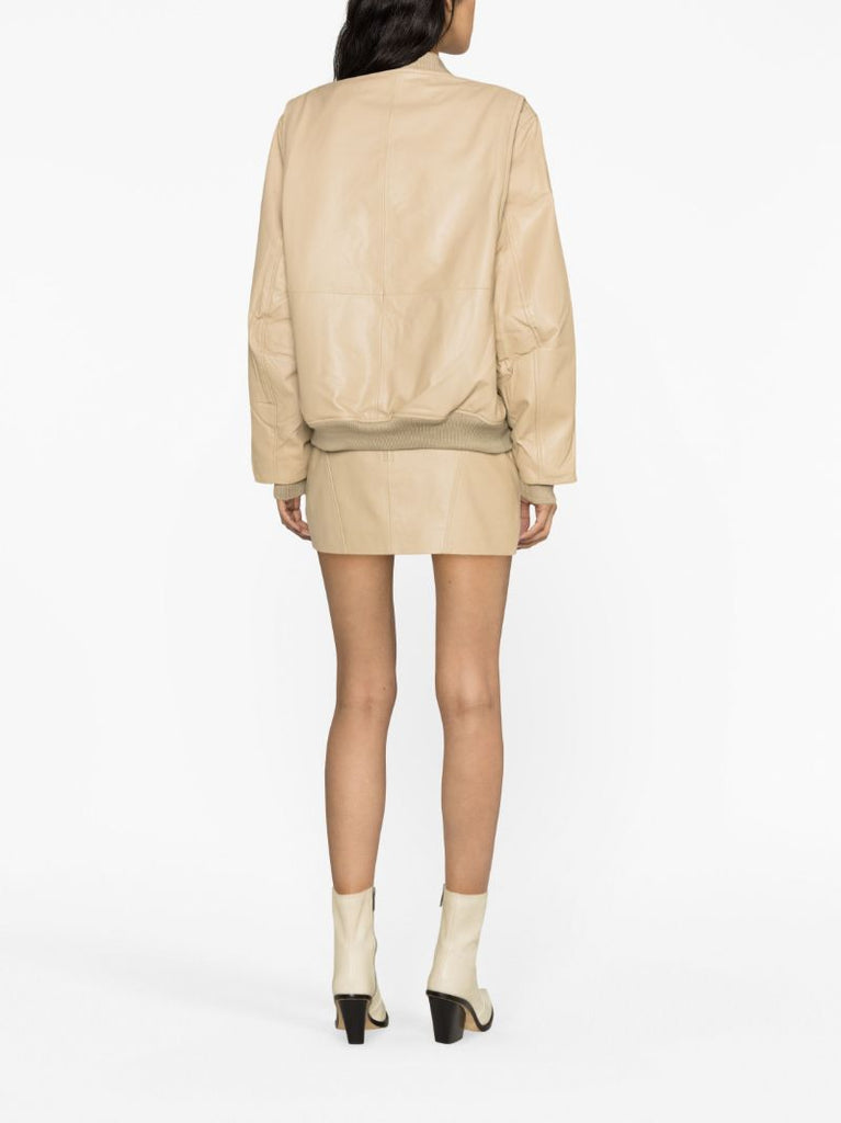 Beige Leather Bomber Jacket