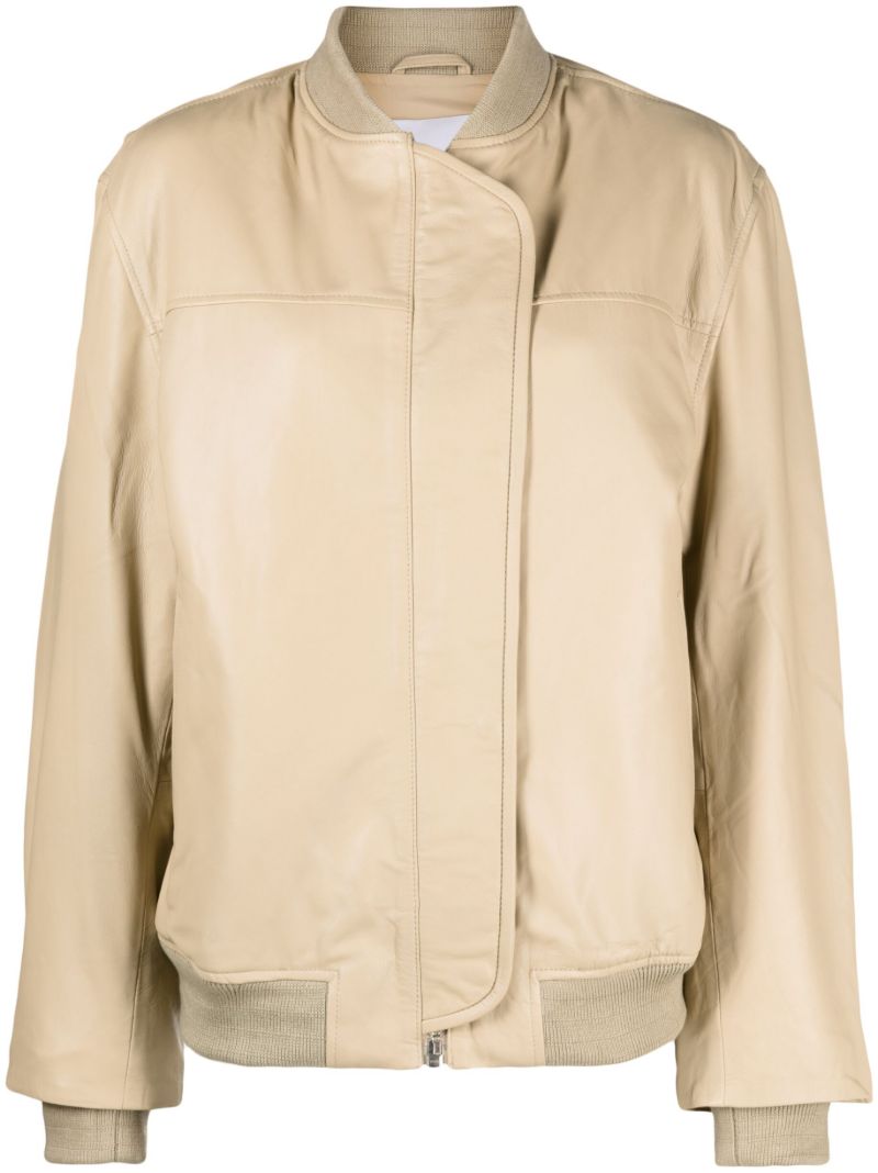 Beige Leather Bomber Jacket