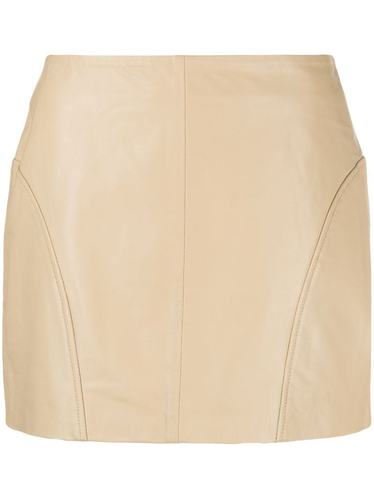 Beige Seam-detailed Leather Mini Skirt