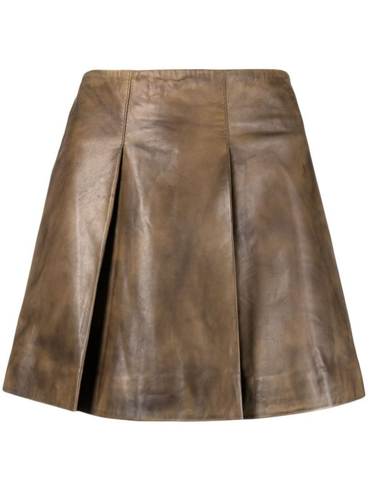Brown Pleated Leather Mini Skirt