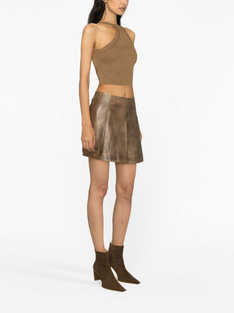 Brown Pleated Leather Mini Skirt