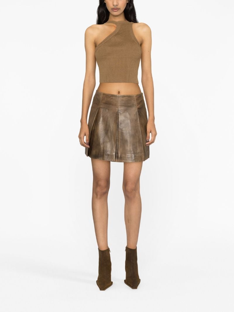 Brown Pleated Leather Mini Skirt