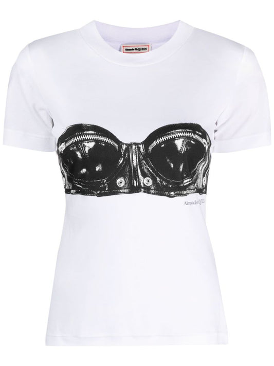White Bustier Print Cotton T-shirt
