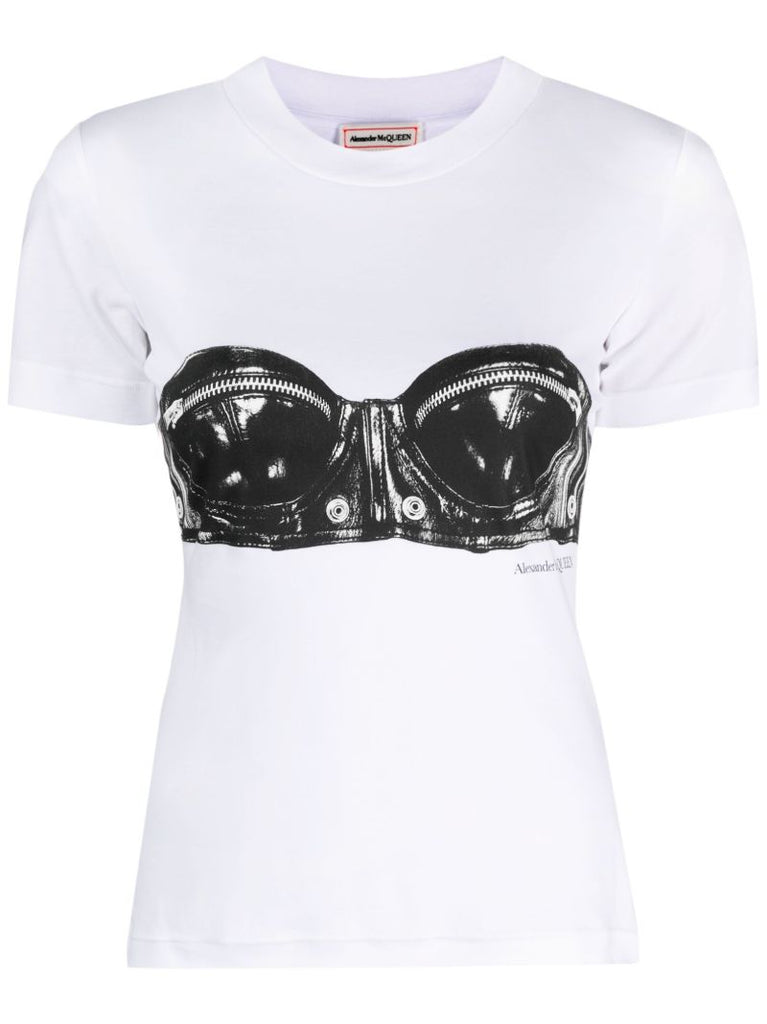 White Bustier Print Cotton T-shirt
