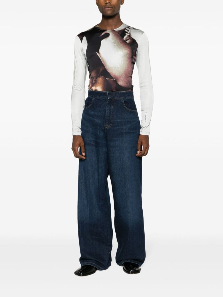 Blue Leather Cord Wide-leg Jeans