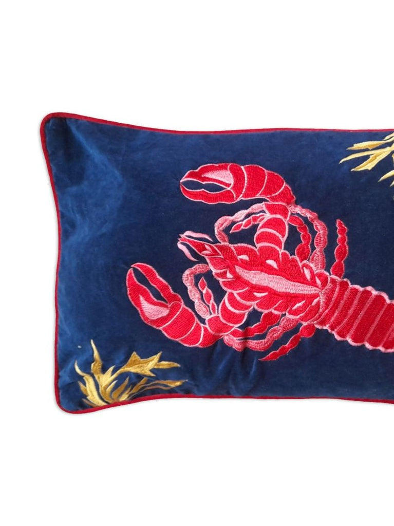 Blue Lobster-embroidered Linen Cushion
