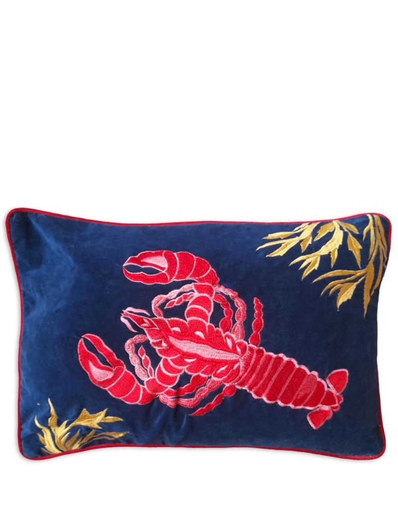 Blue Lobster-embroidered Linen Cushion