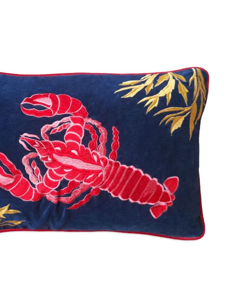 Blue Lobster-embroidered Linen Cushion