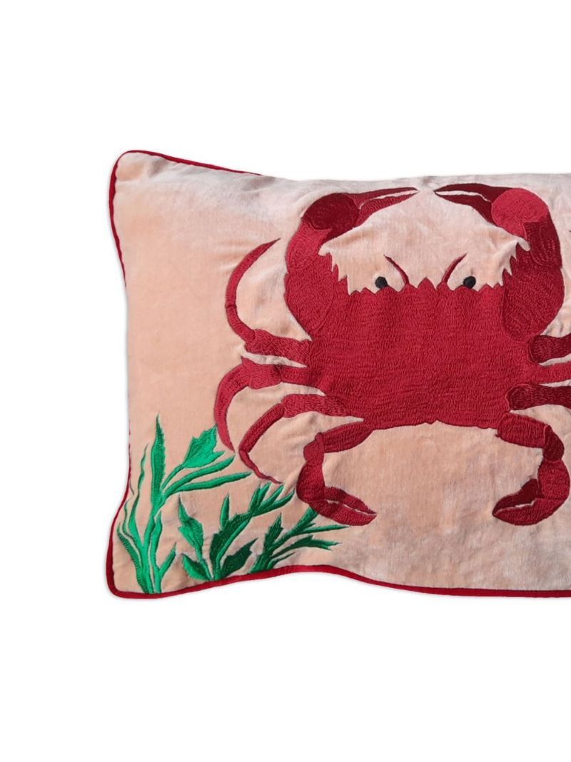 Pink Crab Embroidered Linen Cushion