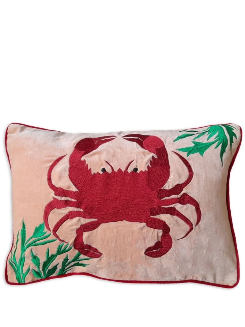Pink Crab Embroidered Linen Cushion