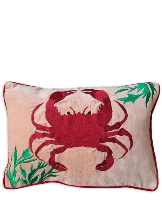 Pink Crab Embroidered Linen Cushion