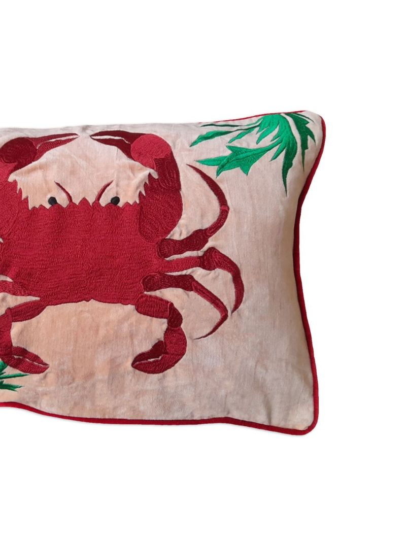 Pink Crab Embroidered Linen Cushion