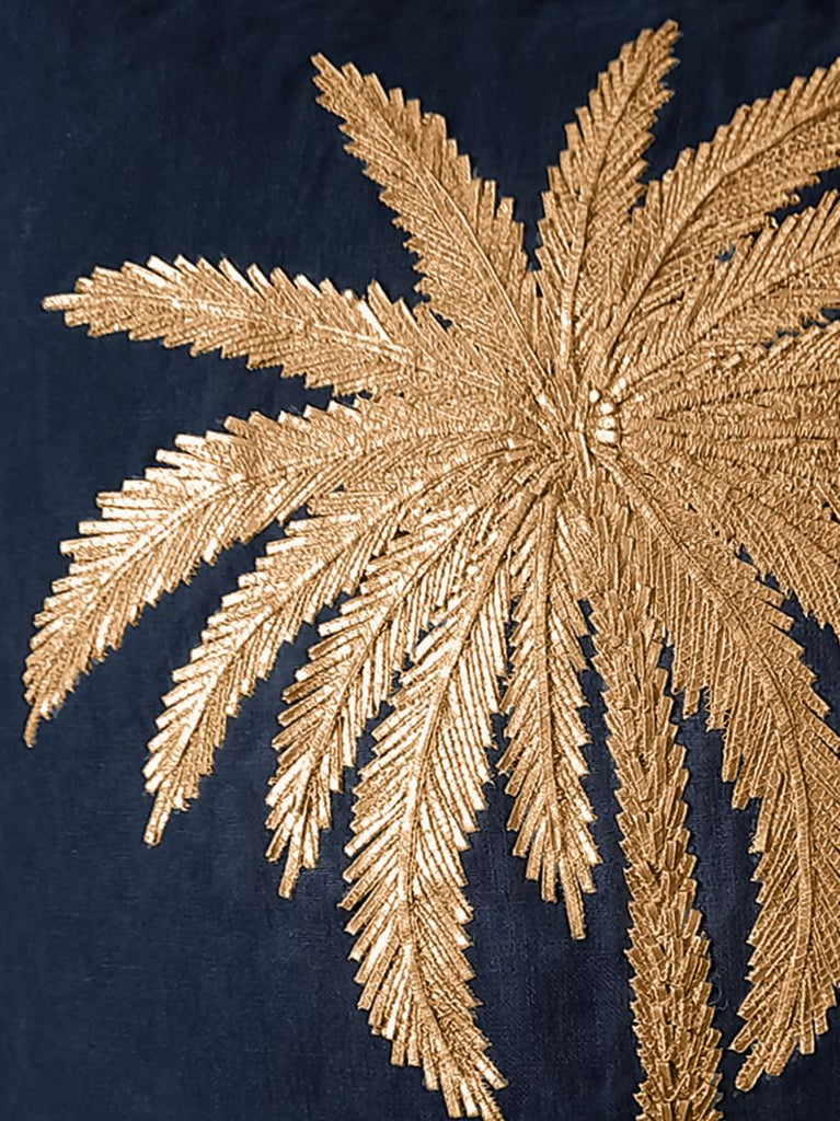 Blue Palm-embroidered Linen Cushion
