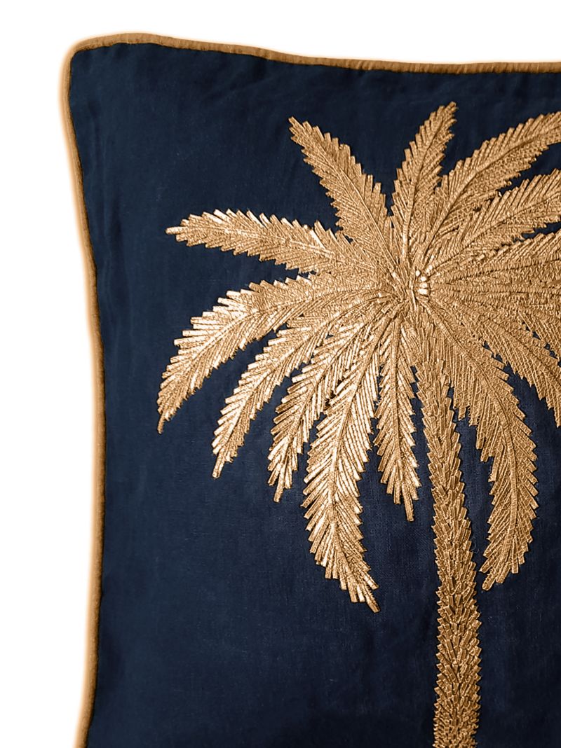 Blue Palm-embroidered Linen Cushion