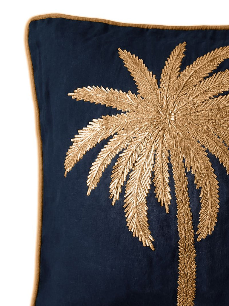 Blue Palm-embroidered Linen Cushion