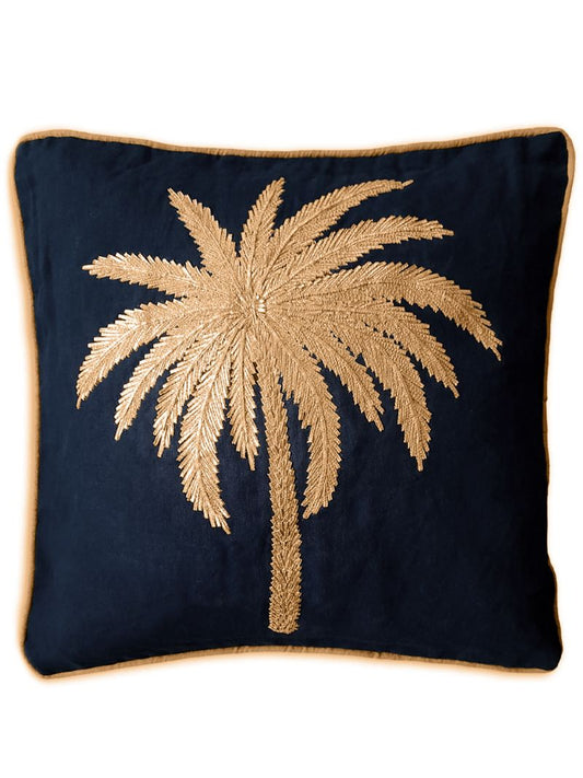 Blue Palm-embroidered Linen Cushion